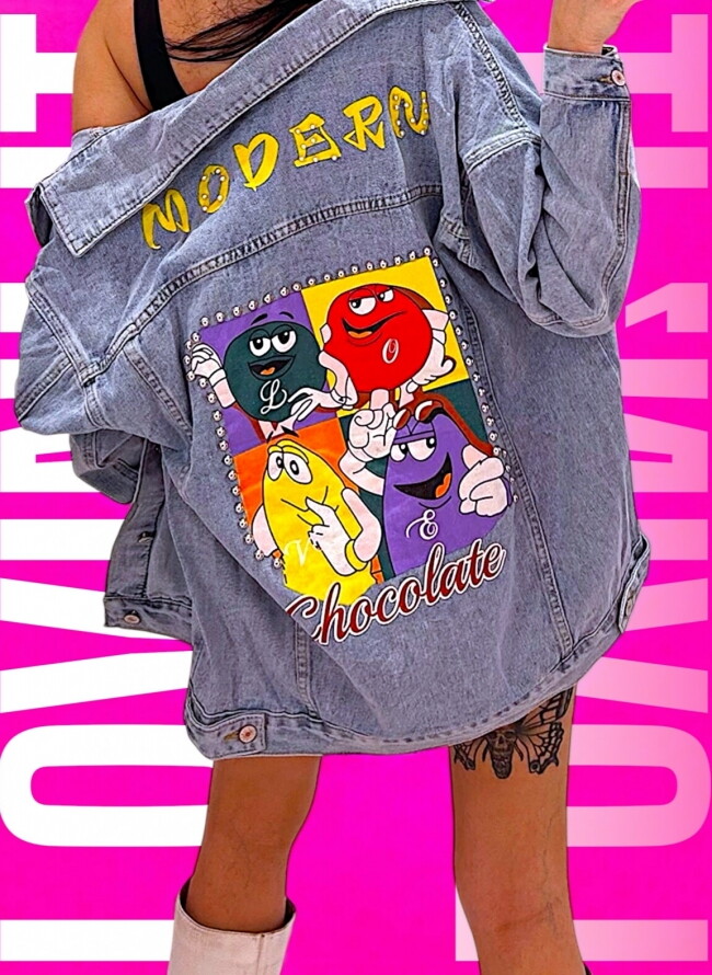 Street Style Jean Jacket με Σχέδιο και Στρας