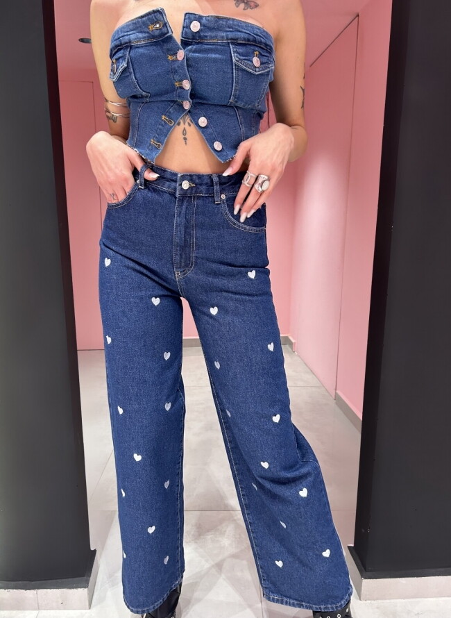 Jean Wide Leg με Ανάγλυφα Σχέδια Καρδιά